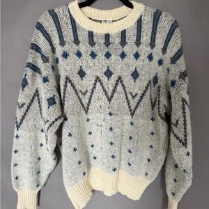 Vintage Viking 100% Icelandic Wool Cream and Blue Patterned Sweater